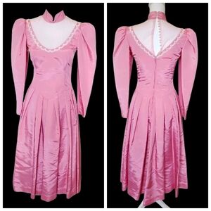 VTG Pink Princess‎ Dress Sz 4 Formal Puff Sleeve 80s Sheer Lace Coquette